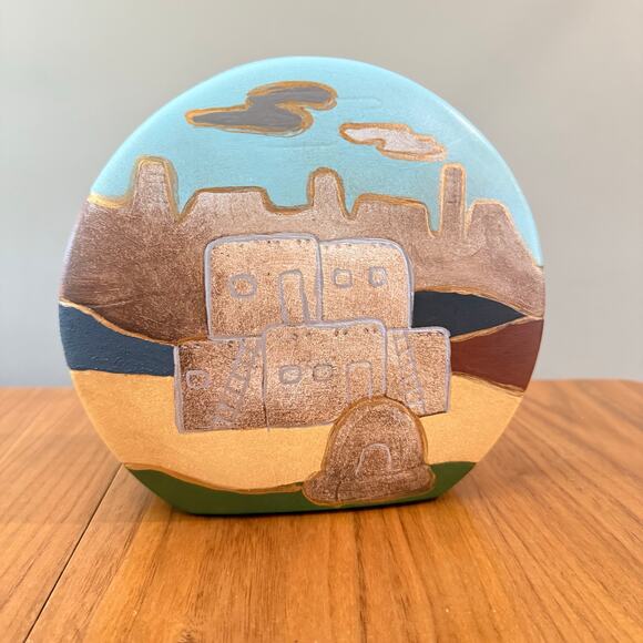 Vintage Handmade Southwest Pottery Vase Desert Cactus Adobe House Mountains 1993 - Picture 2 of 10